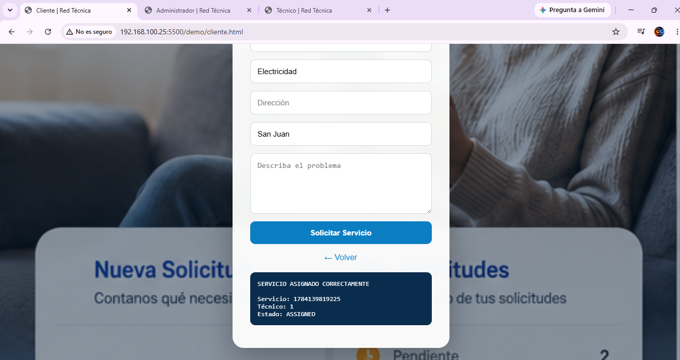Panel de cliente de Red Técnica mostrando una solicitud asignada